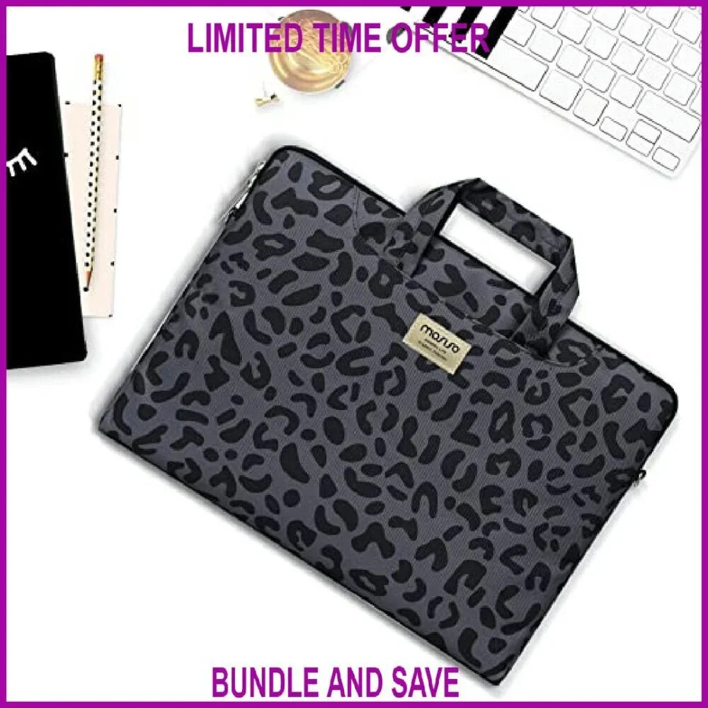 15.6 Inch Laptop Shoulder Bag Leopard Grain Briefcase Sleeve with Belt